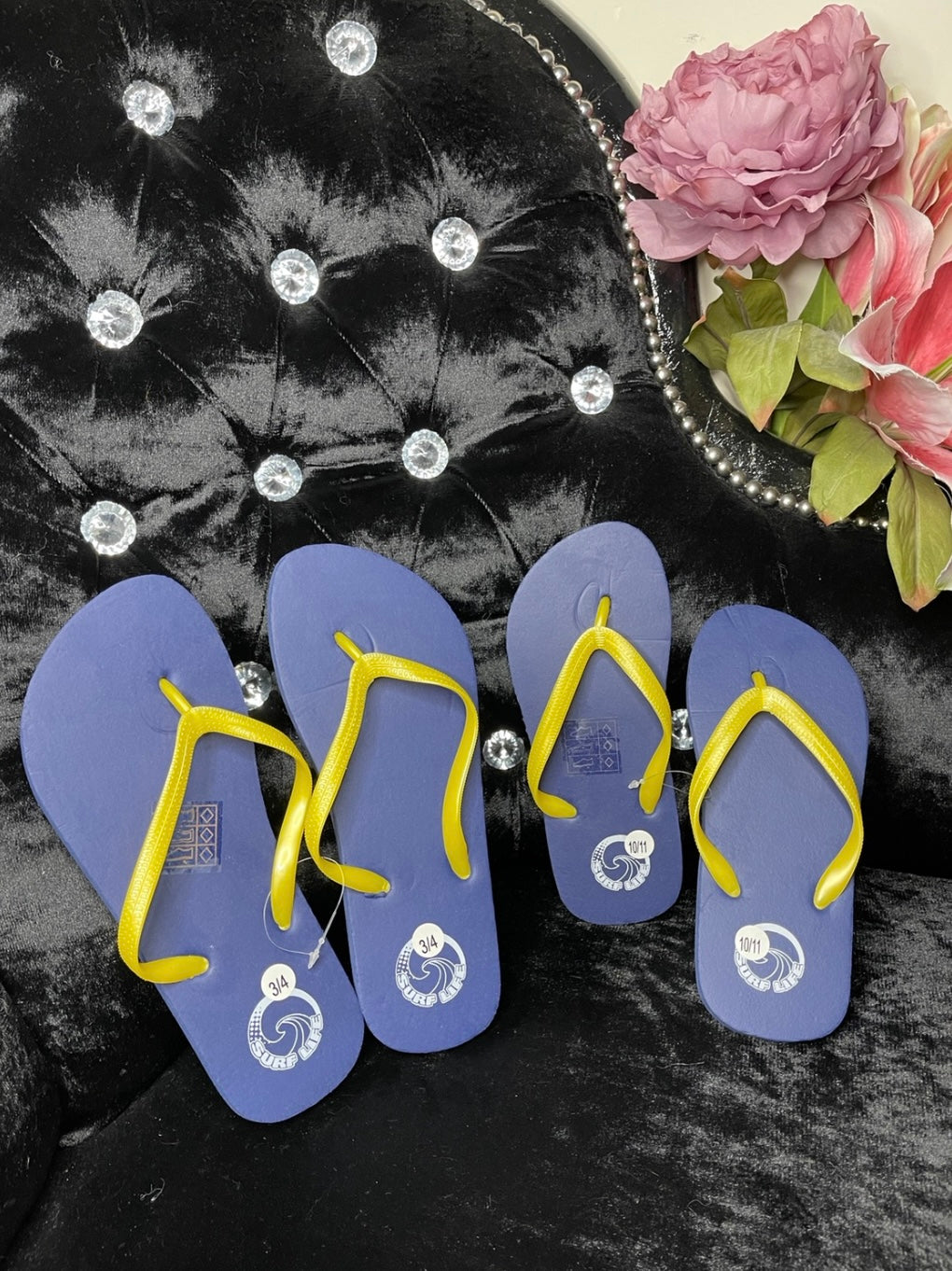 A pair of blue unisex toe post flip flops with yellow straps