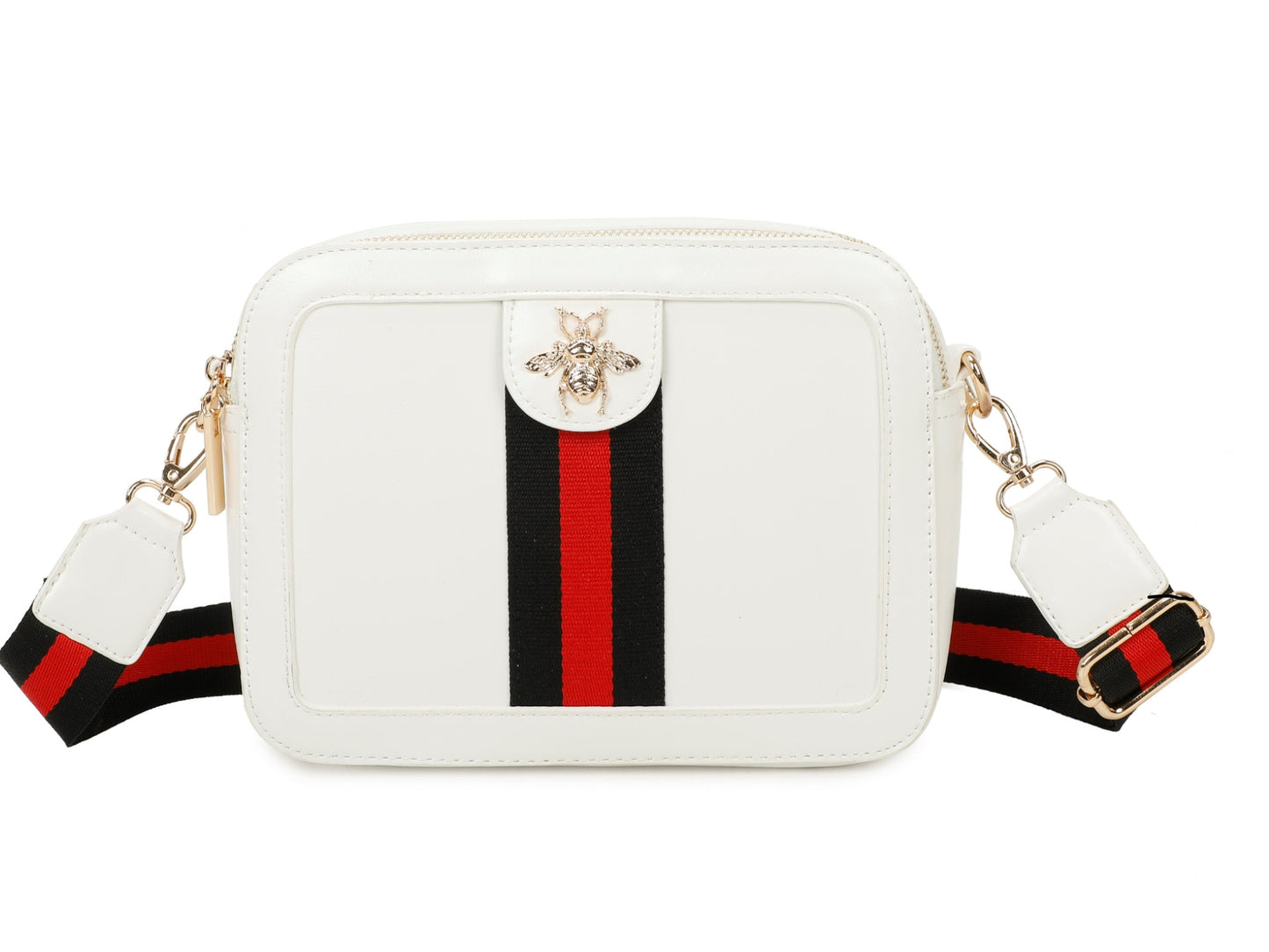 White handbag with red and black striped strap on a white background and bee buckle design