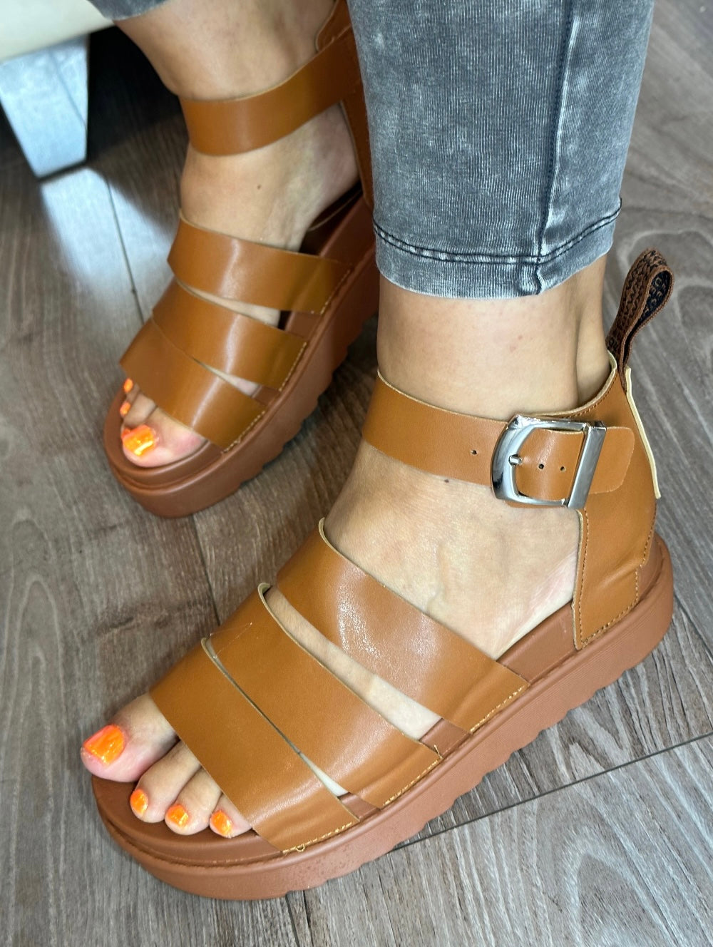 Camel tan brown gladiator sandals with chunky buckle