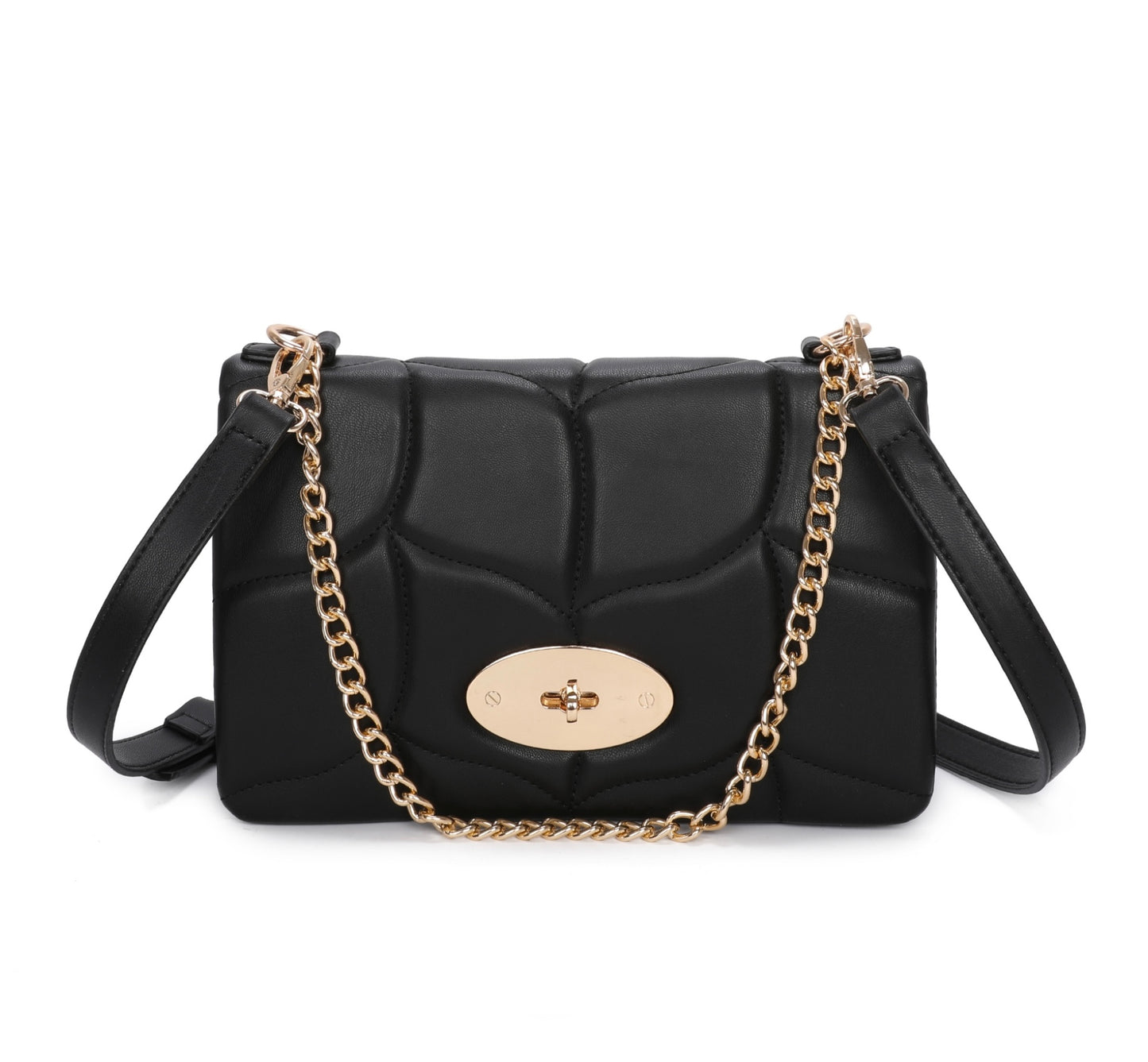 Black quilted handbag with a gold chain strap