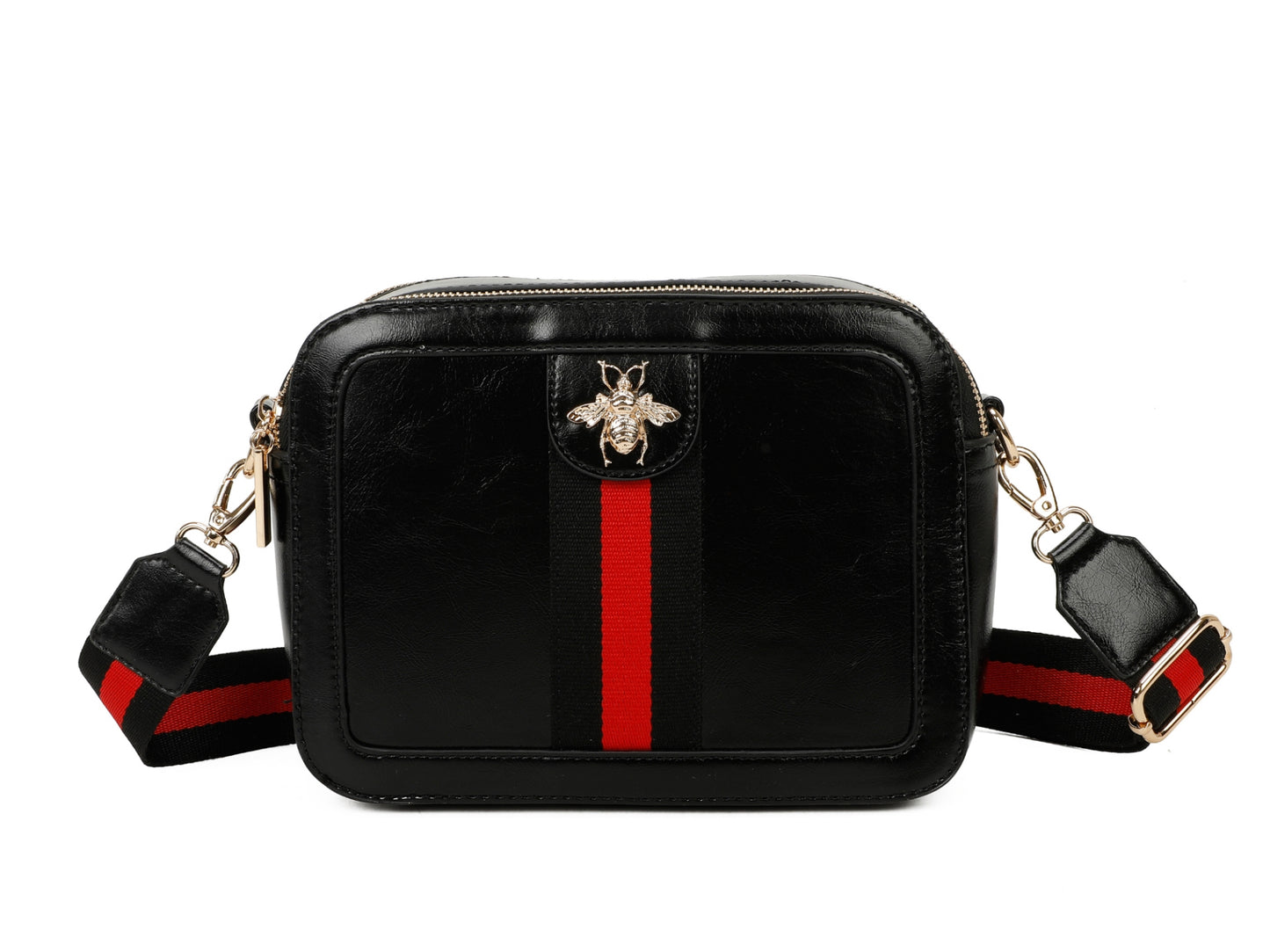 Black handbag with red stripe and bee emblem on a white background