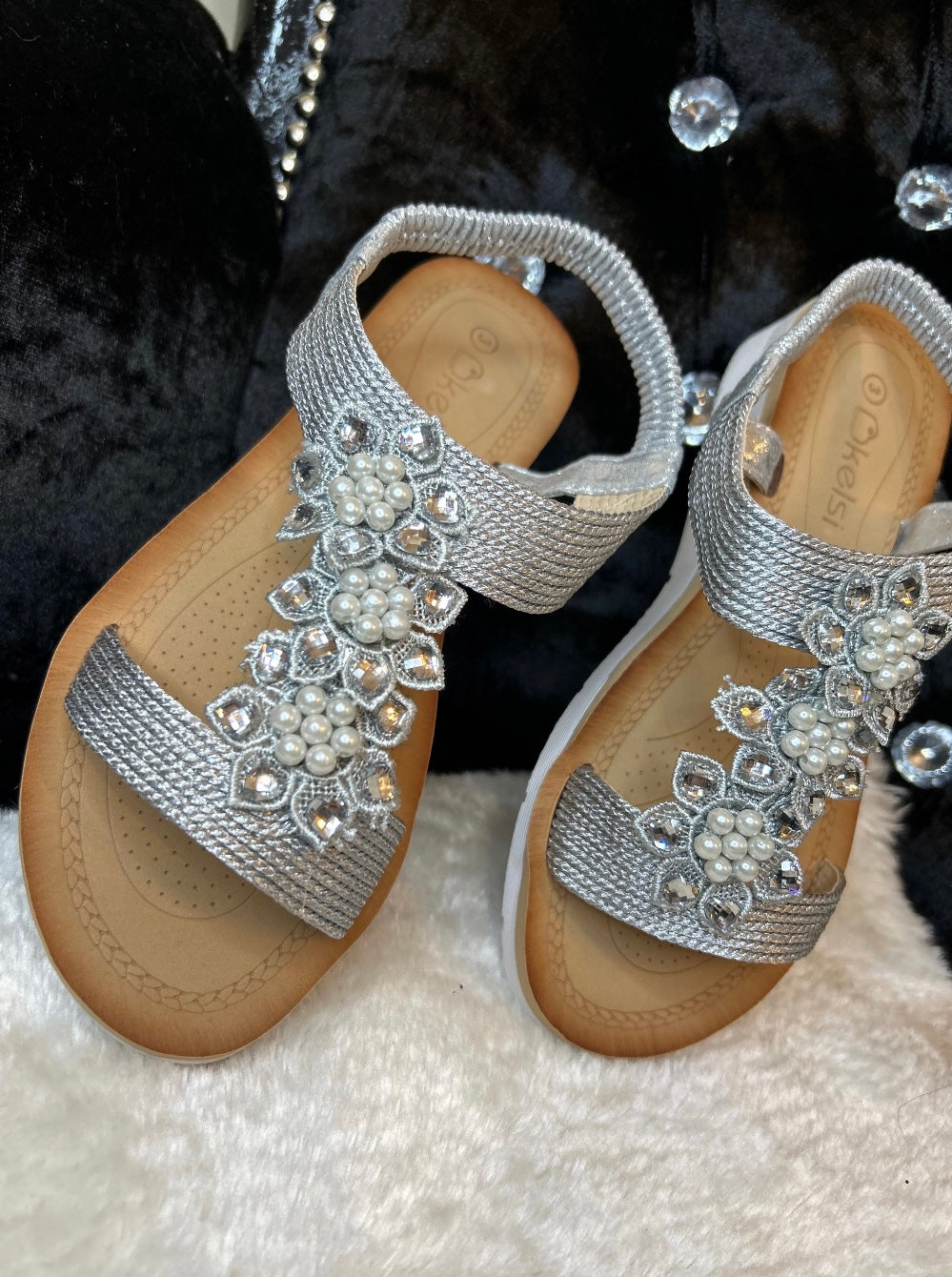 Silver embellished flat sandals with crystal and pearl detailing