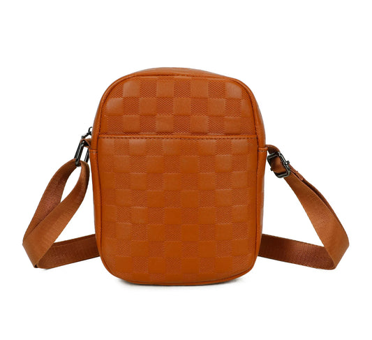 Tan colour checked embossed crossbody handbag with adjustable strap