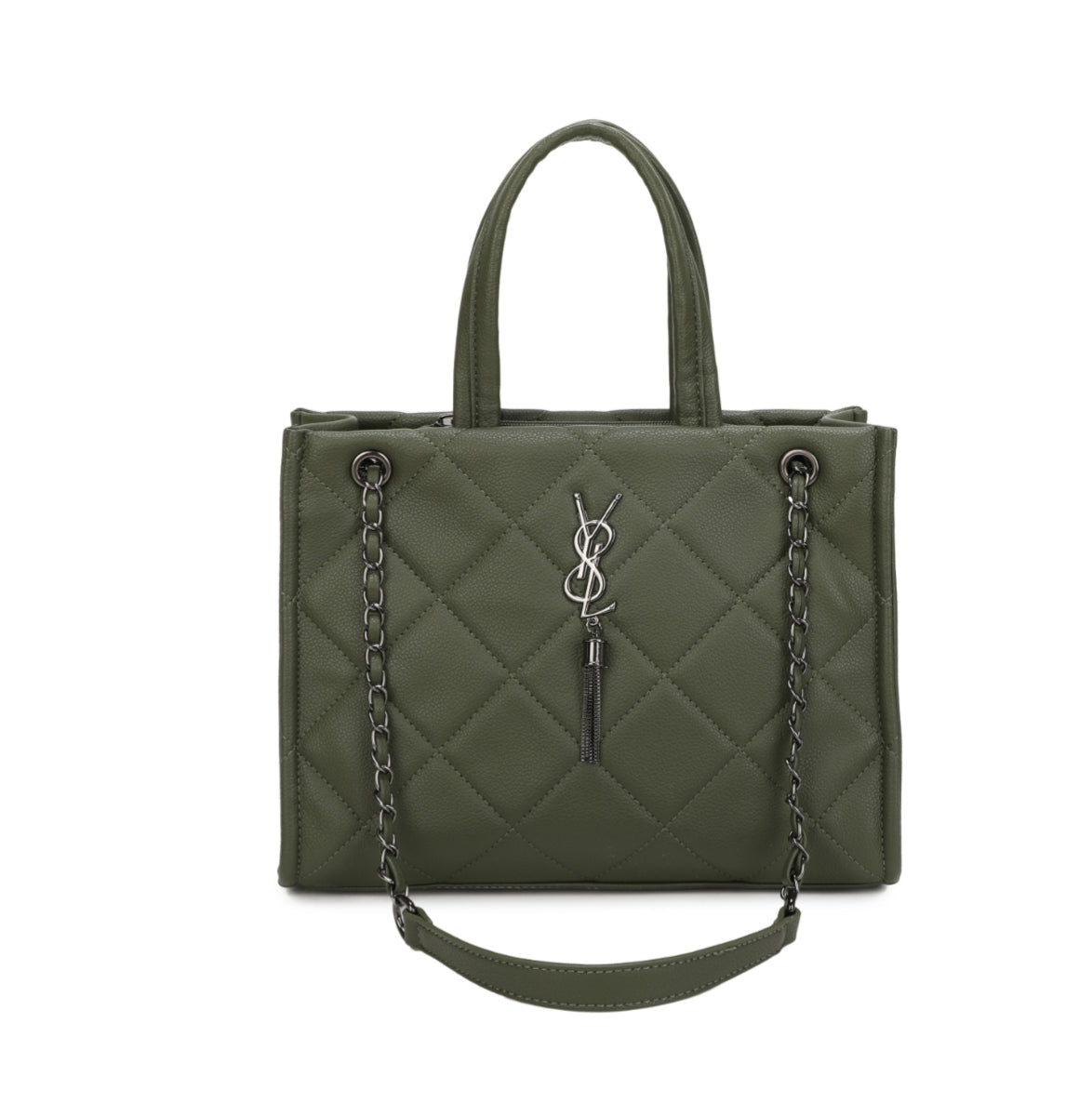 Green quilted handbag with a chain detail