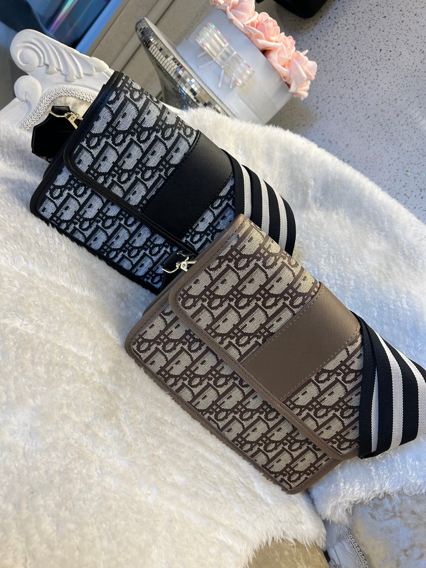 Beige and black crossbody handbags with stripe long straps