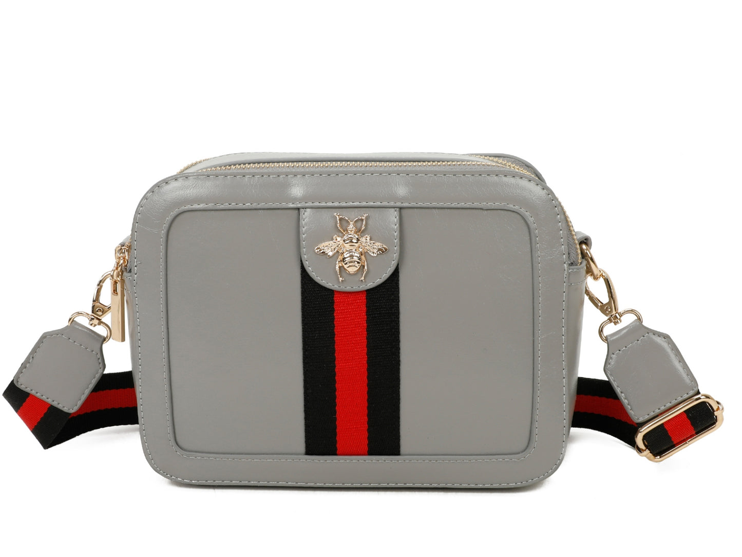Gray crossbody bag with a red and black striped strap on a white background