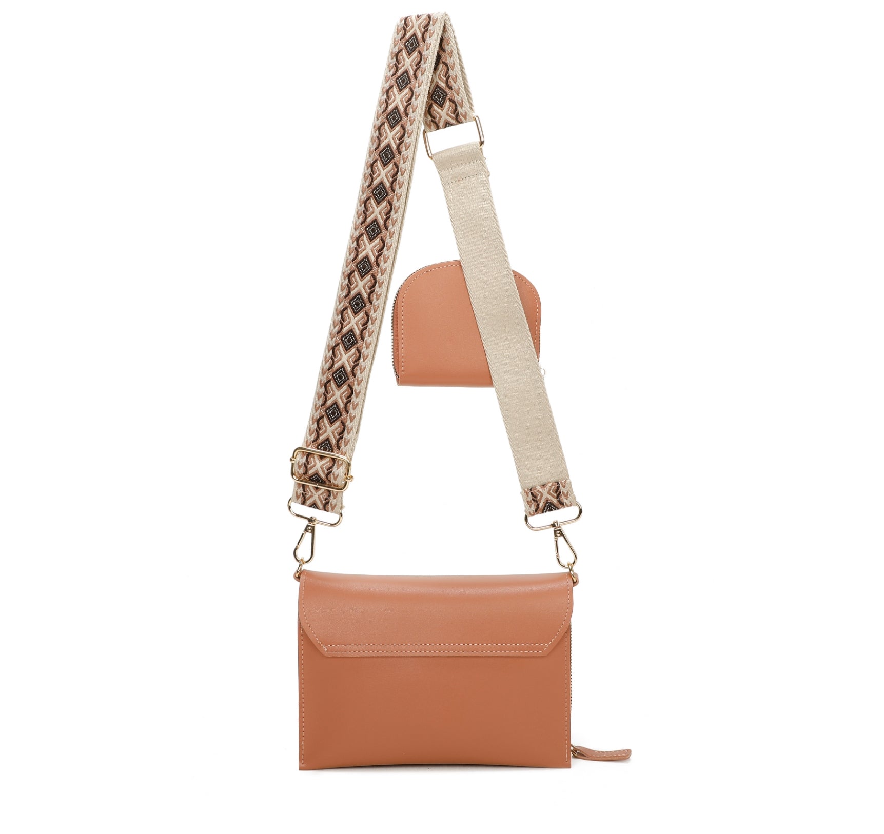 Brown leather crossbody bag with a patterned strap on a white background