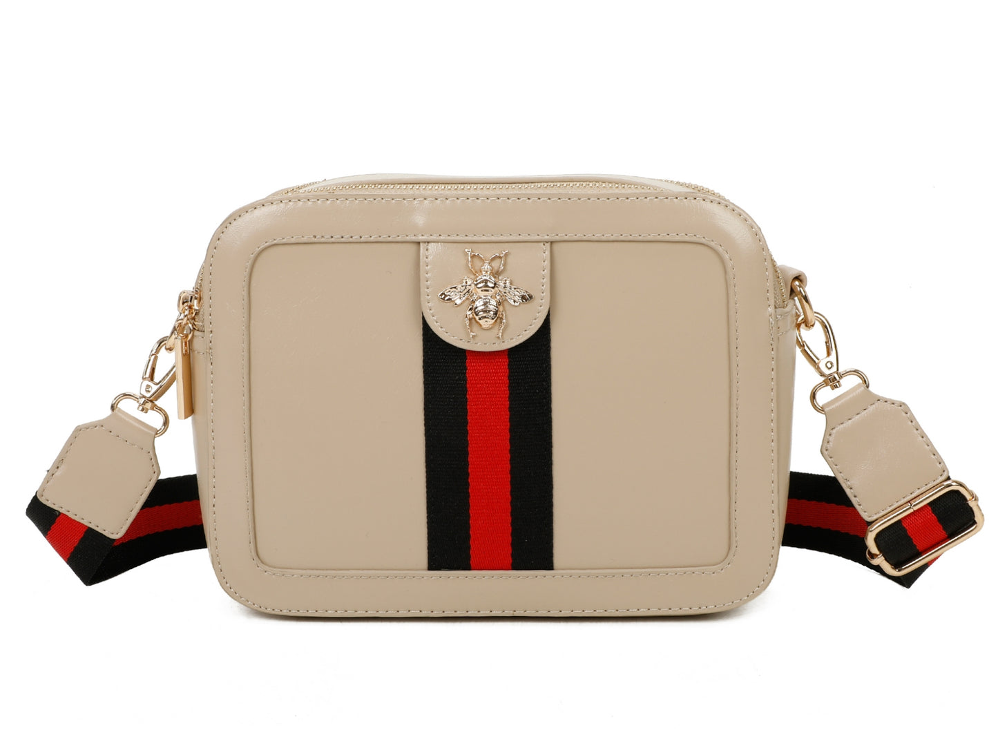 Beige handbag with a red and black striped strap on a beige background with a bee buckle design