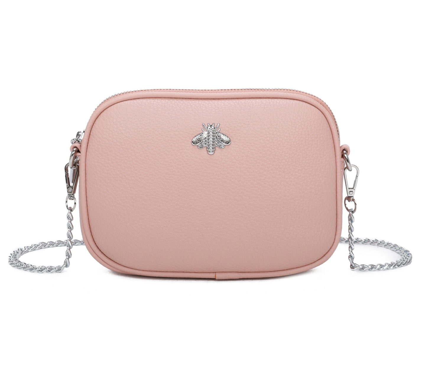 Pink crossbody bag with a silver chain