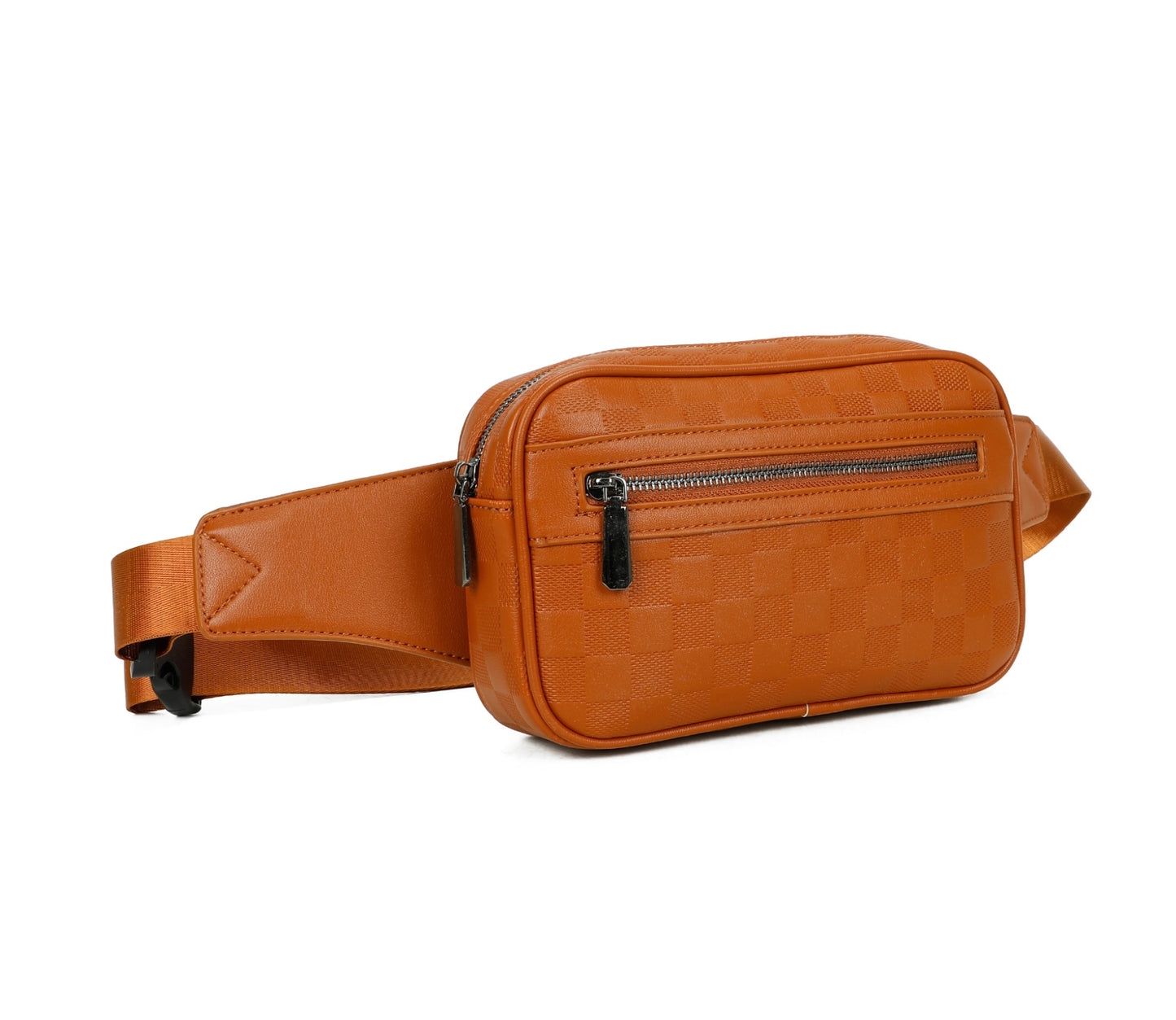 Brown faux leather waist bag with a zipper on a white background