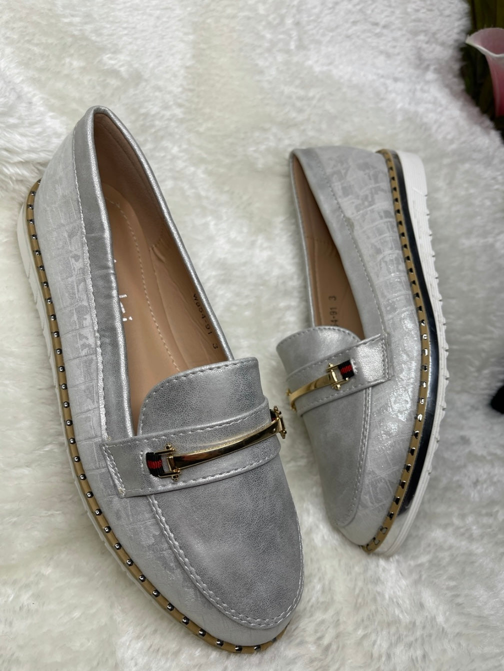 Grey silver metallic ladies loafers