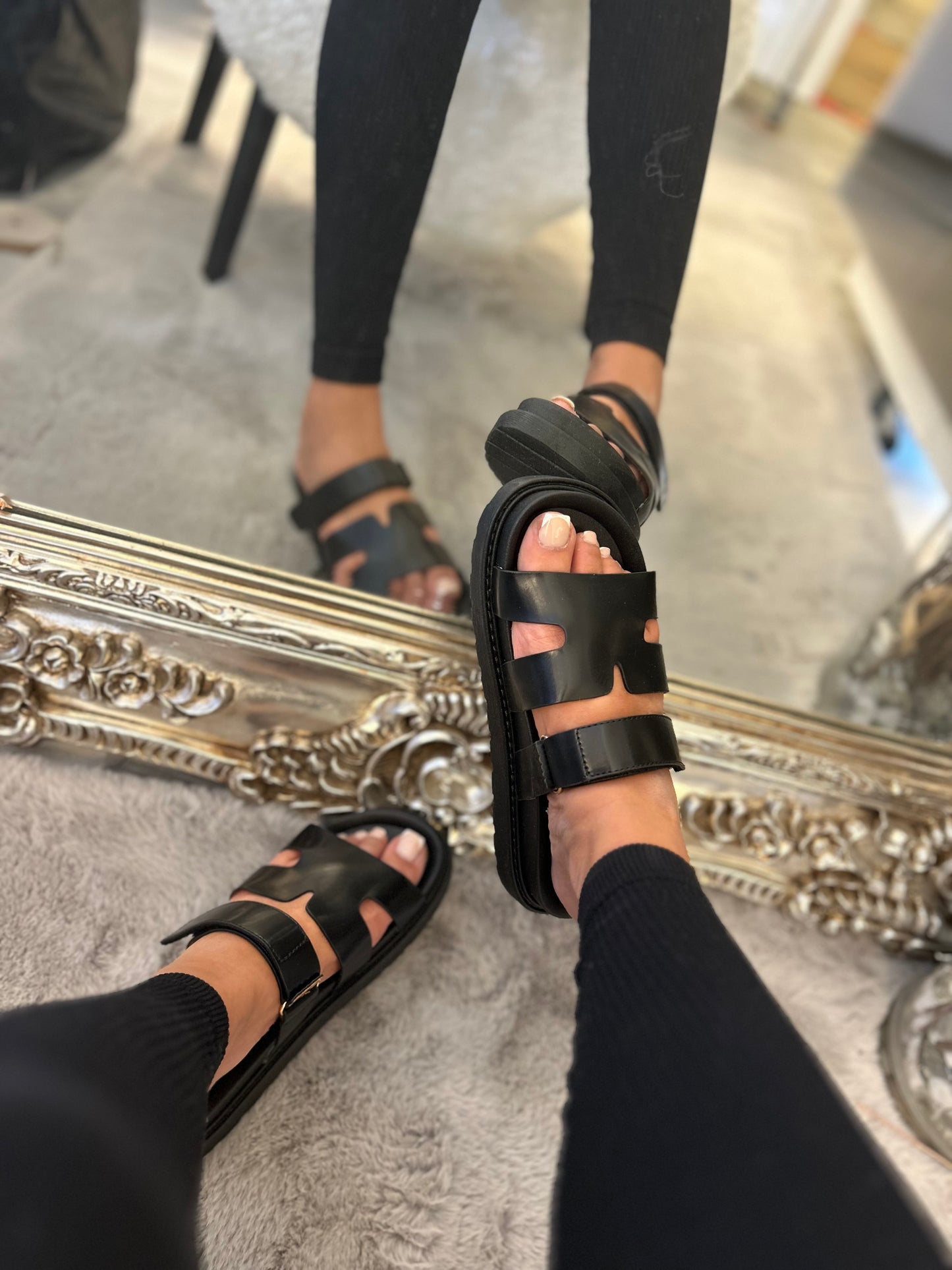 Black sandals slides with Velcro adjustable strap