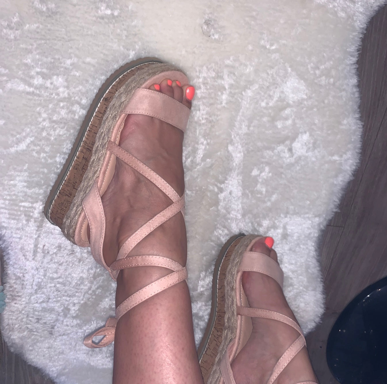 Pink wedge wrap around ankle sandals