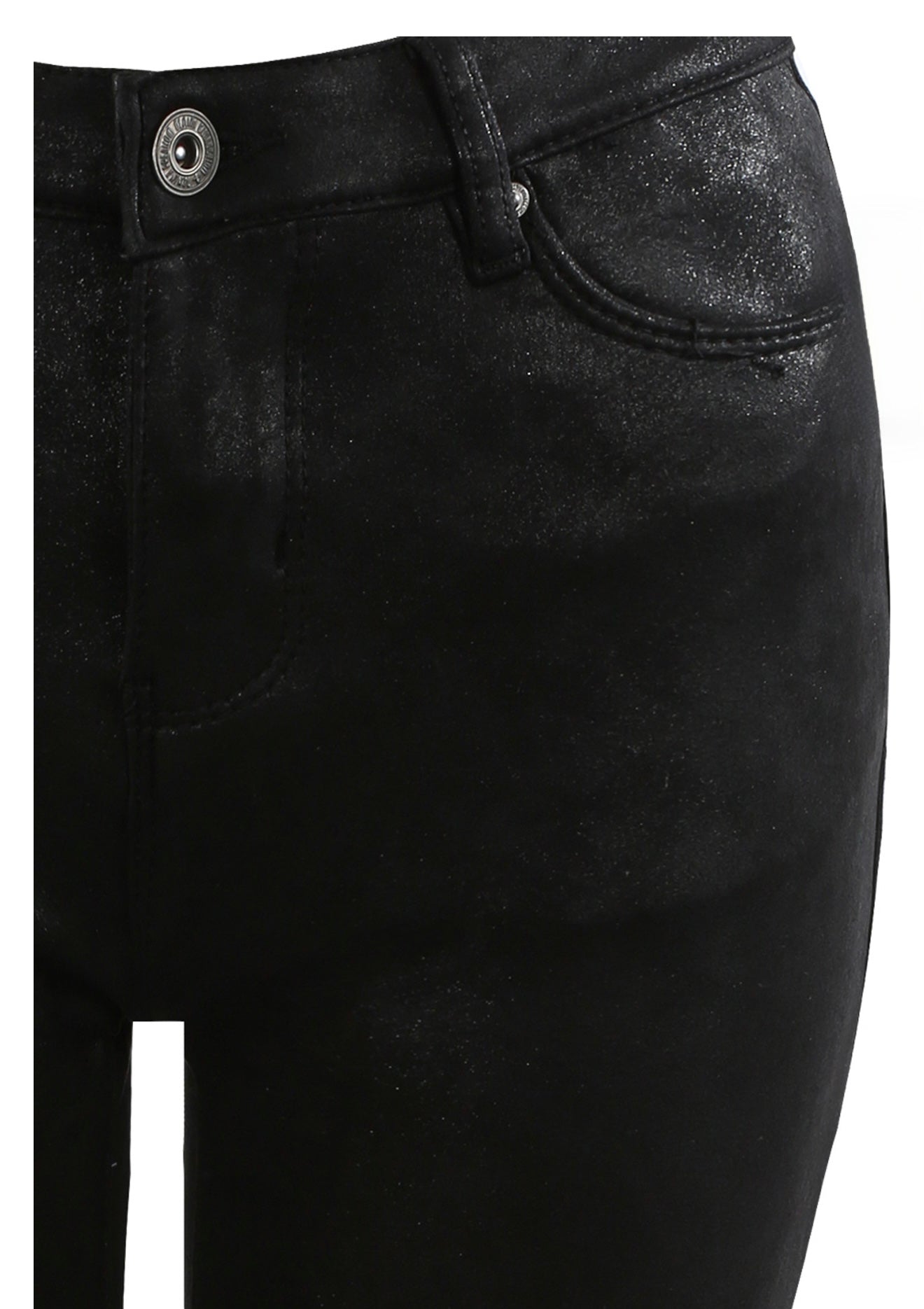 Close-up of black jeans with a button and zipper with shimmer detail