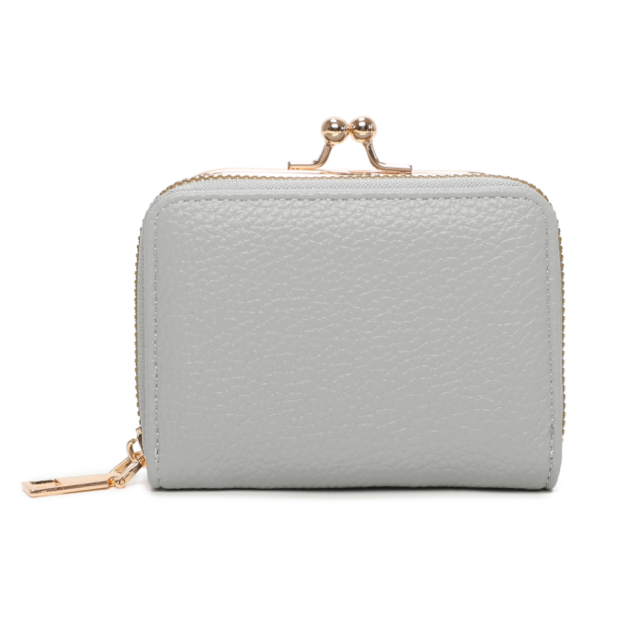 A grey clutch purse with gold detail and a zipper closure.