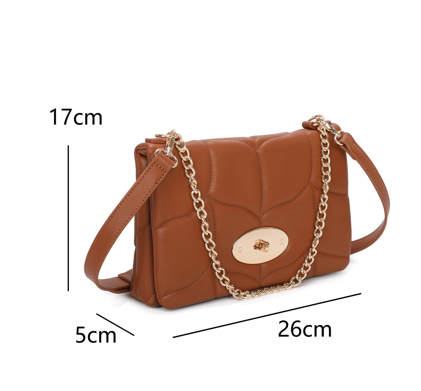 Brown quilted handbag with a gold chain strap with dimensions