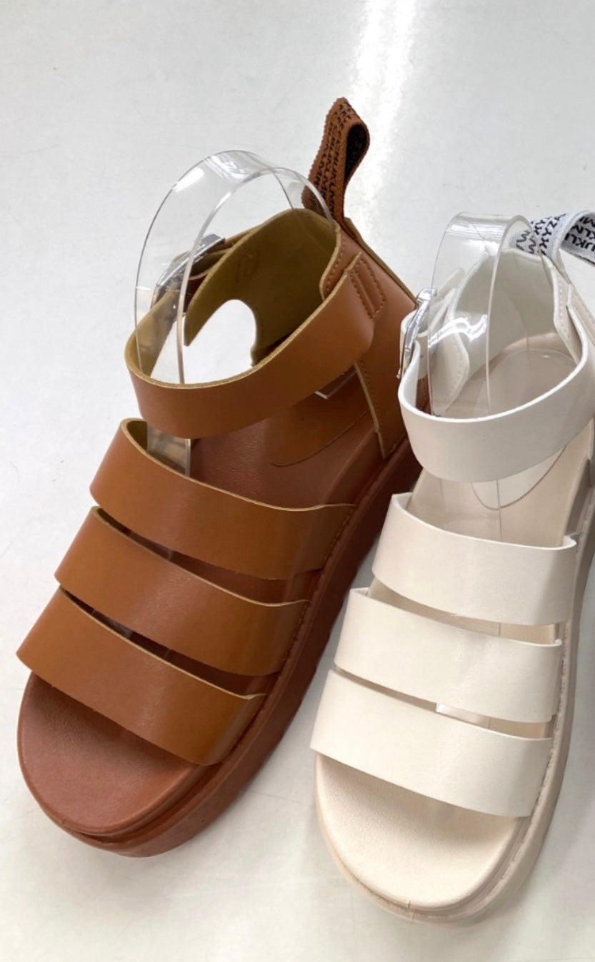 Camel tan brown gladiator sandals with chunky buckle