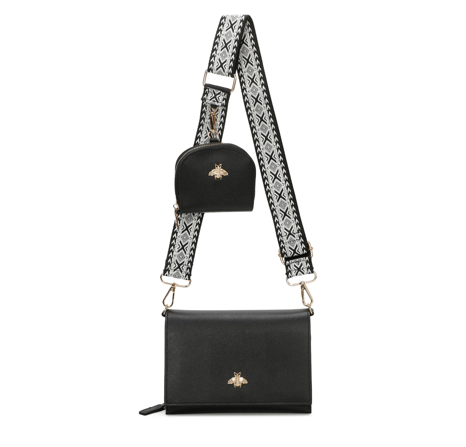 Black handbag with decorative strap on a white background