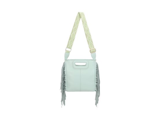 Light blue handbag with fringe details and a matching strap