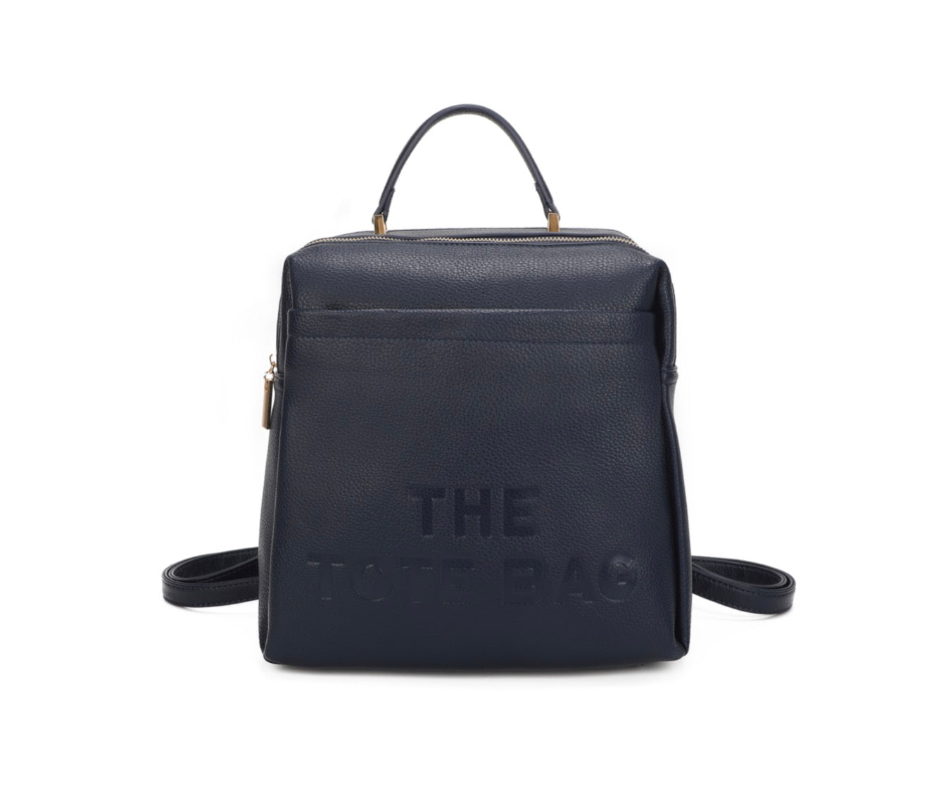 Navy rucksack with embossed “ the tote bag” writing on the front