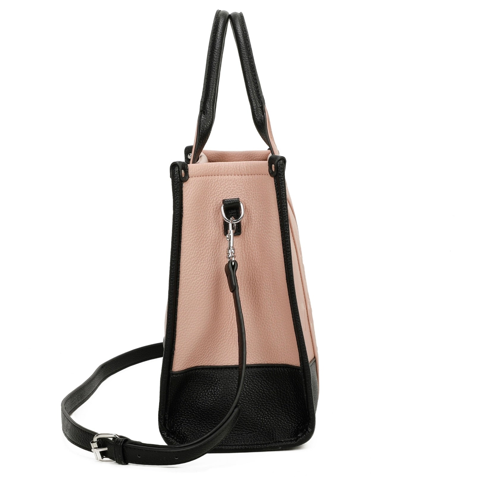 Two-toned beige and black tote bag.