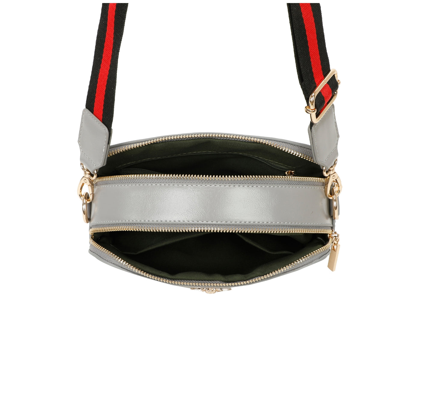 Gray crossbody bag with gold zipper and red and black striped strap on a white background