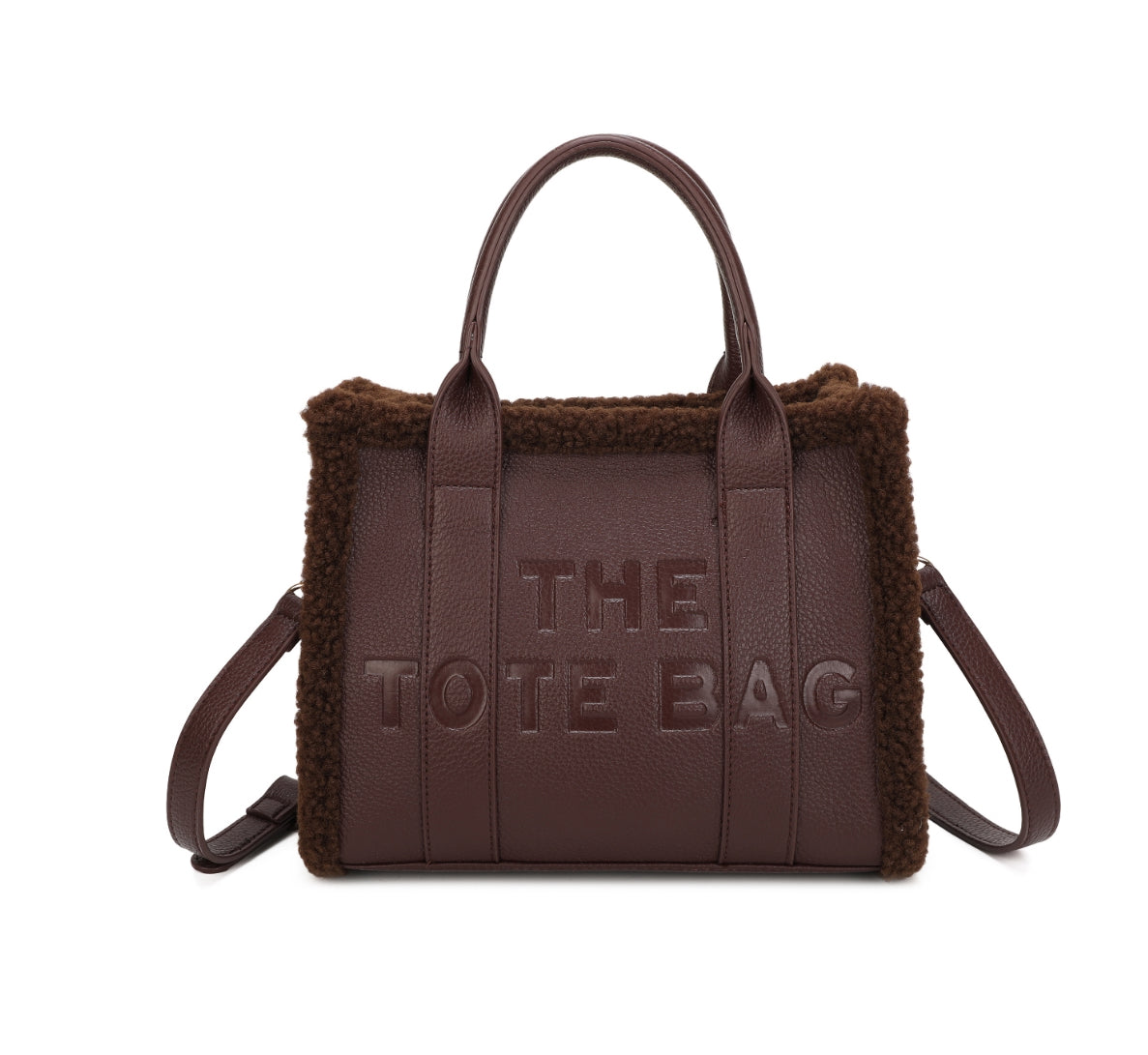 Tote bags with fuzzy edge trim, embossed with ‘The Tote Bag’ on the front in coffee