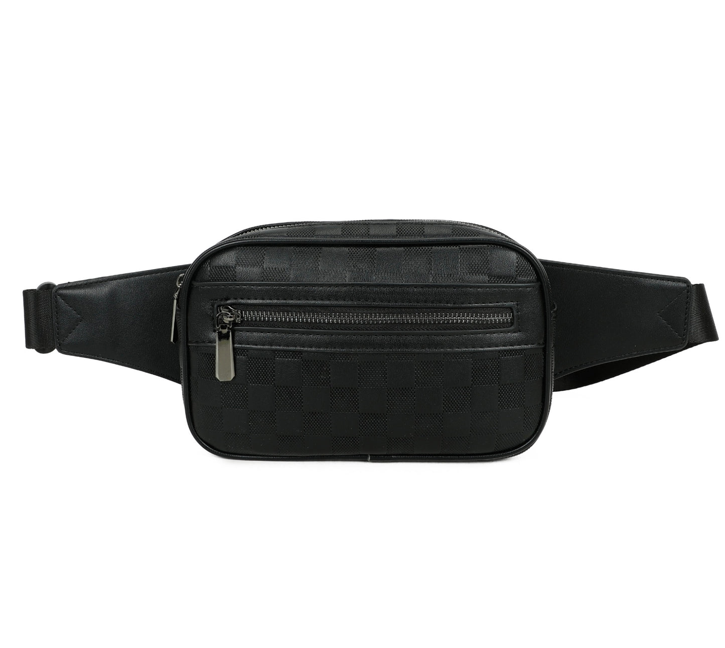 Black waist bag with zippers on a white background