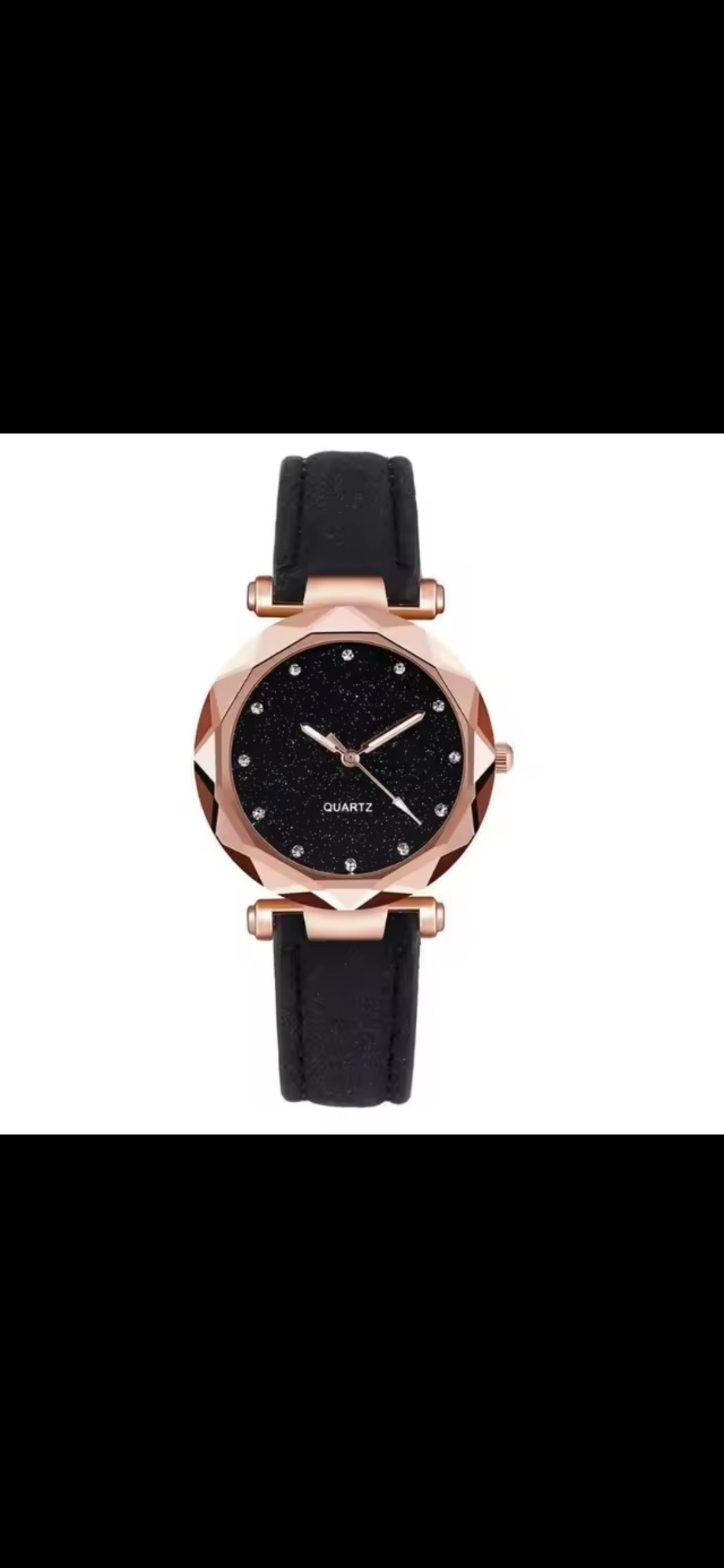 Watch with black face and strap on a white background