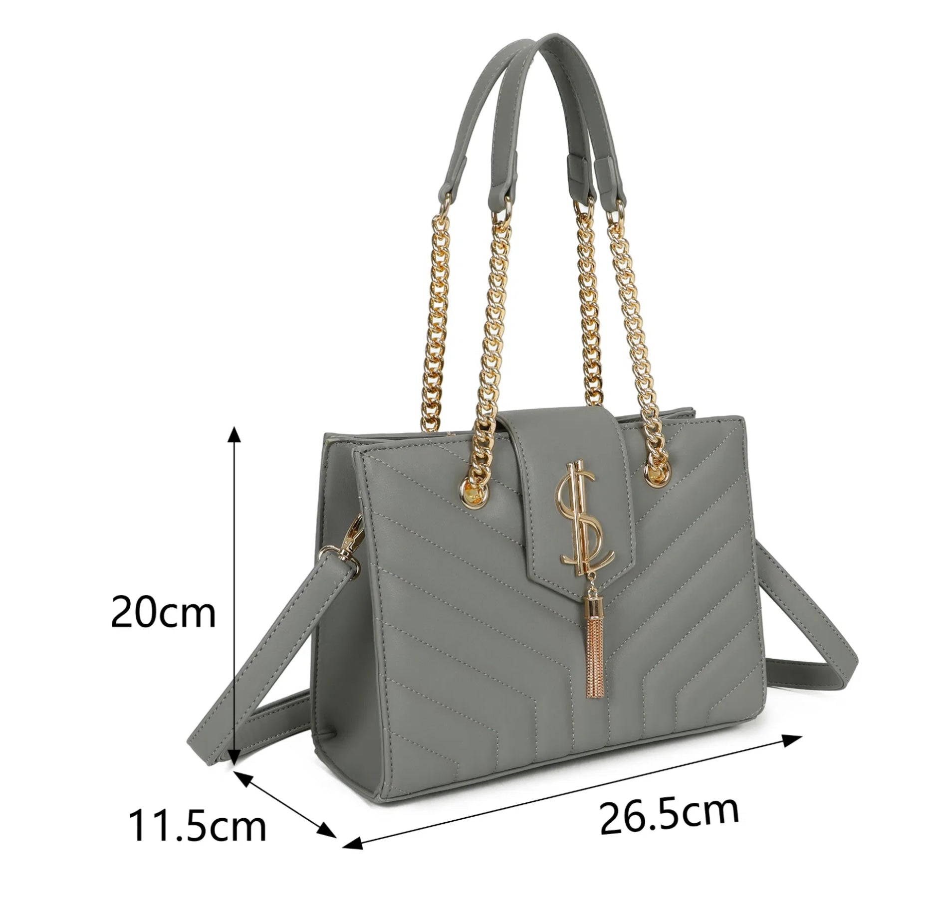 A grey quilted shoulder bag with gold chain detail and a long adjustable removable crossbody strap