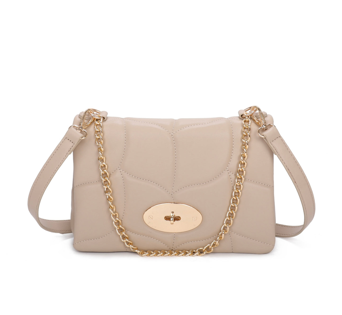 Beige quilted handbag with a gold chain strap