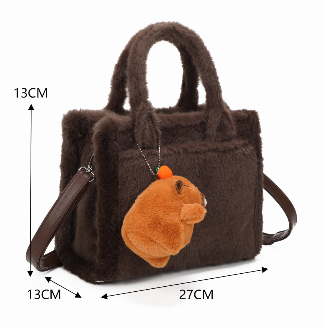 Coffee faux-fur tote bag with a small brown teddy bear keychain and matching handles and strap.