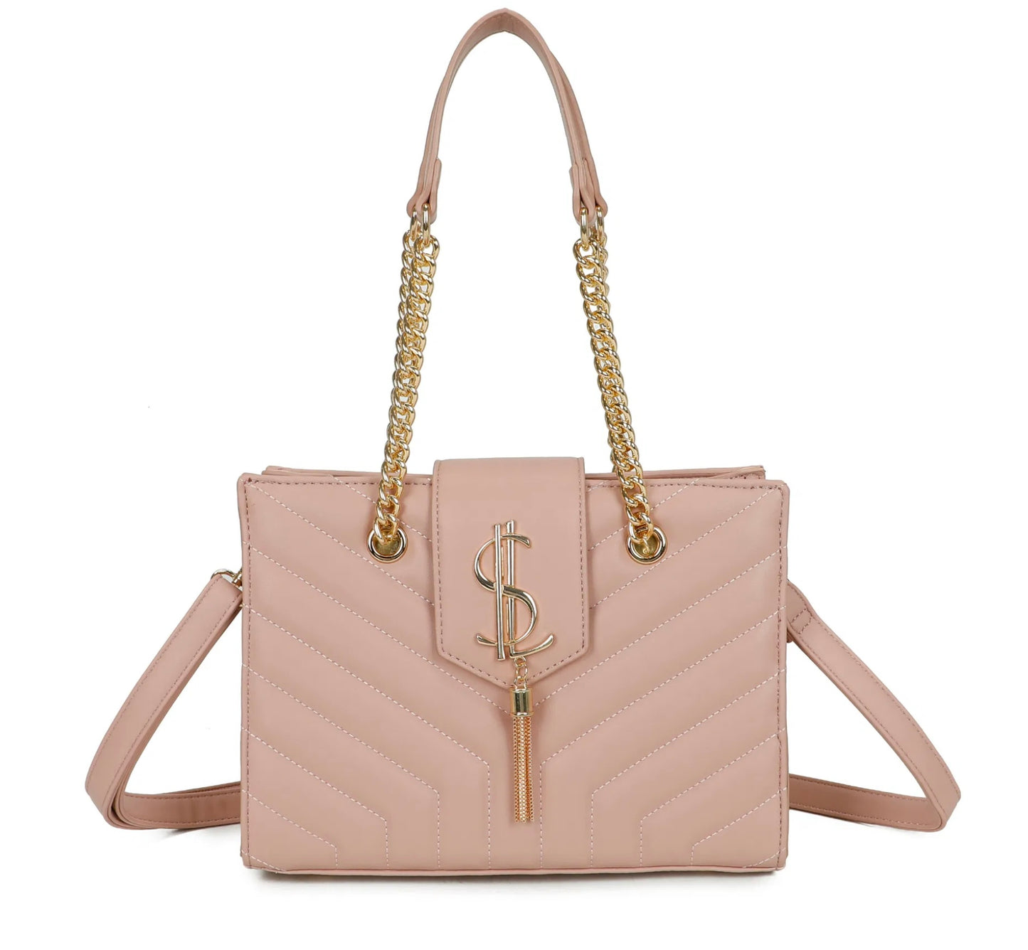 A pink quilted shoulder bag with gold chain detail and a long adjustable removable crossbody strap