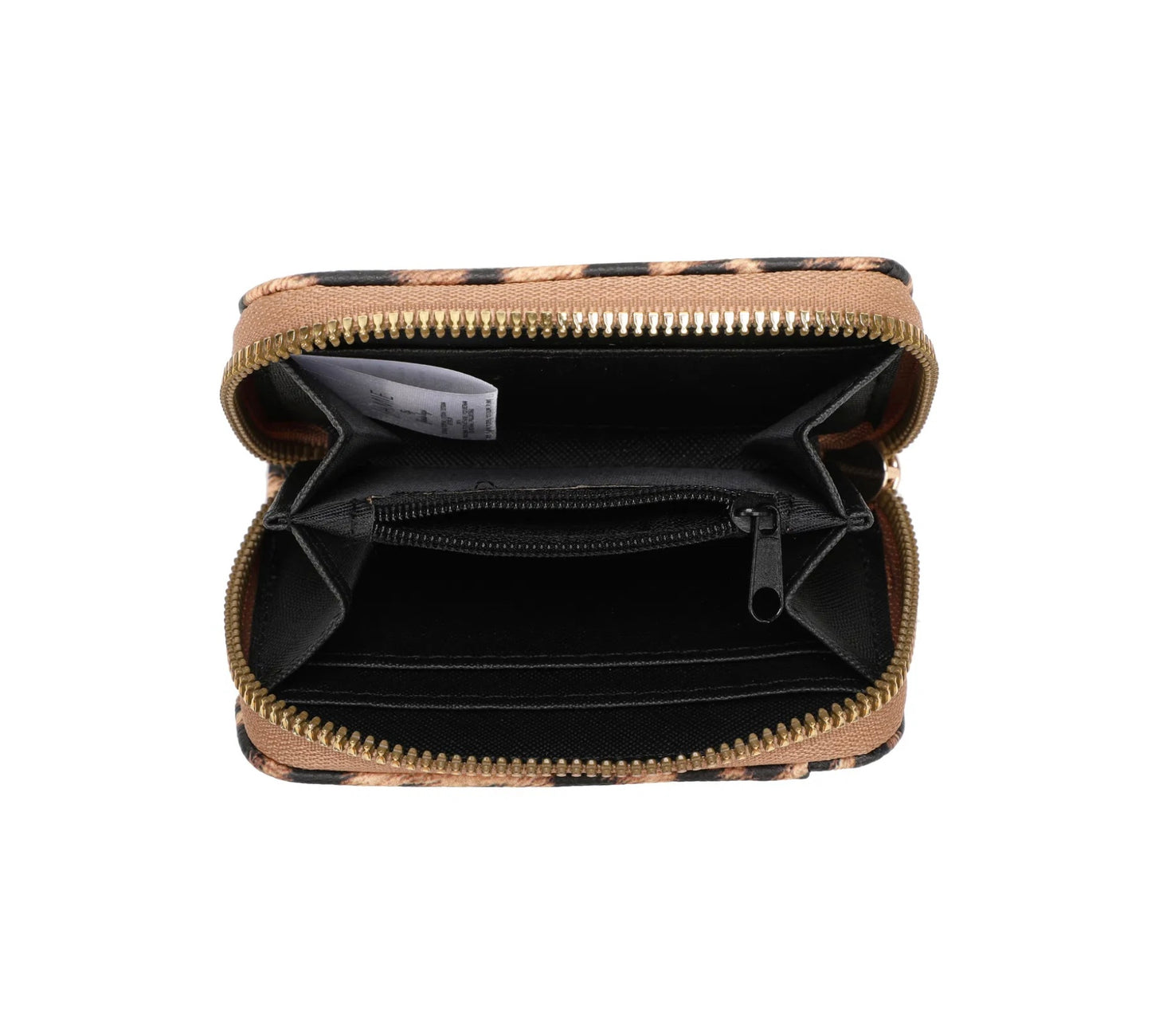 A leopard print card holder purse with a zipper and gold tone metal hardware