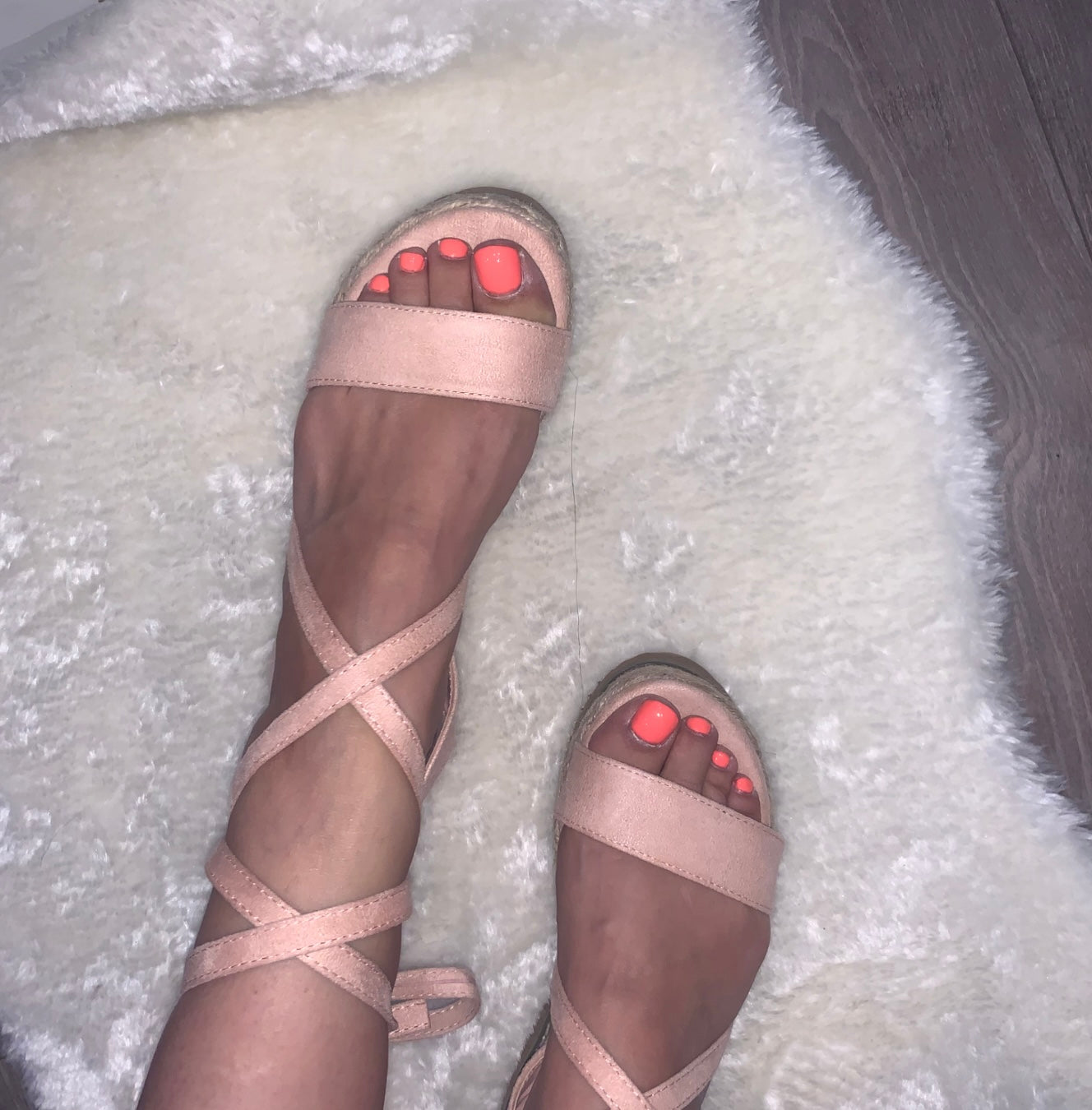 Pink wedge wrap around ankle sandals