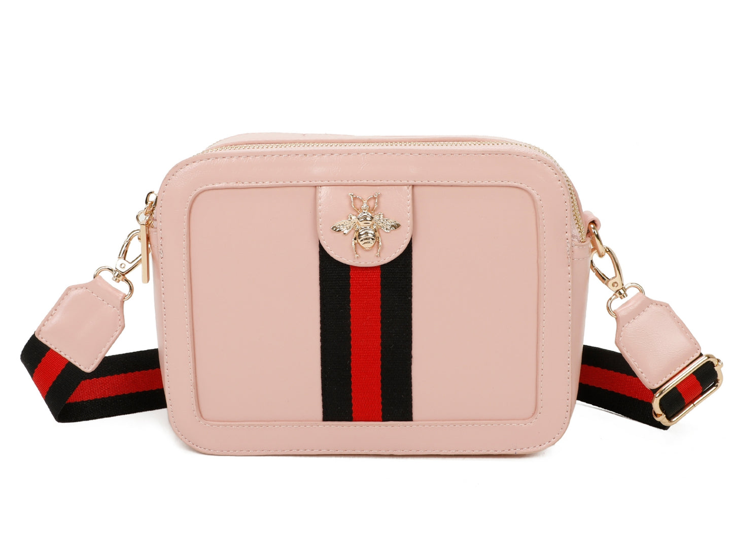 Pink crossbody bag with a black and red stripe on a white background