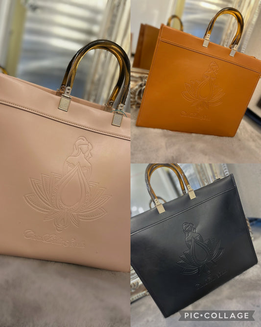 Three colours of the faux leather cbs tote bag in brown, nude and black