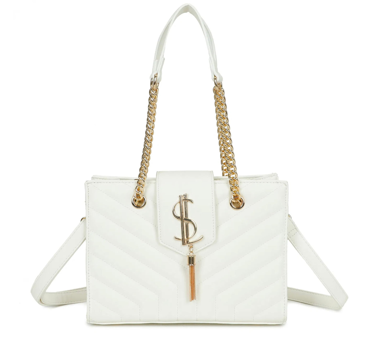 A white quilted shoulder bag with gold chain detail and a long adjustable removable crossbody strap