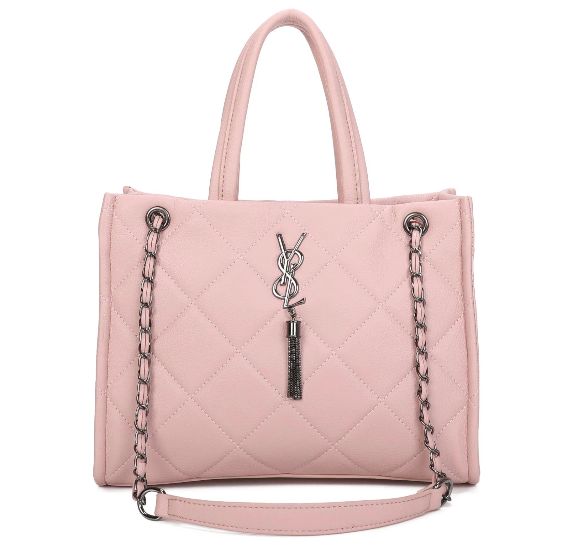 Pink quilted handbag shoulder bag with chain detail and inspired buckle