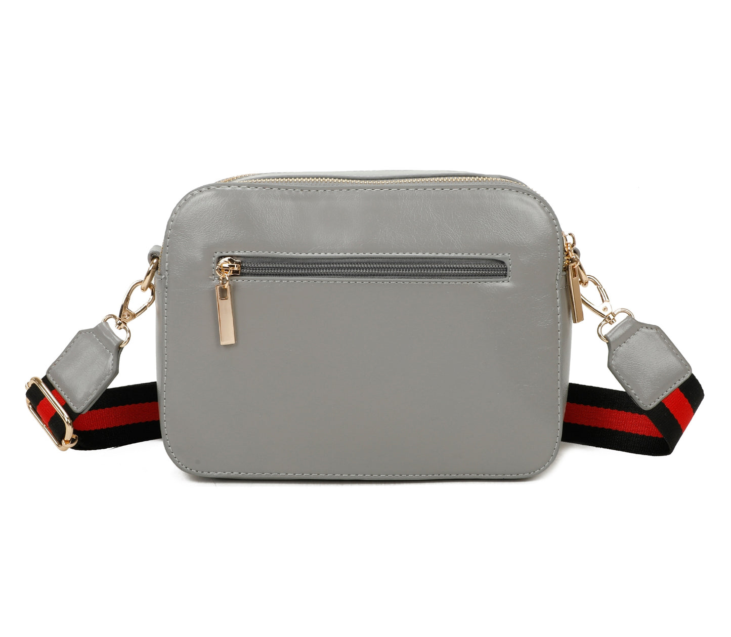 Gray crossbody bag with a colorful strap on a white background