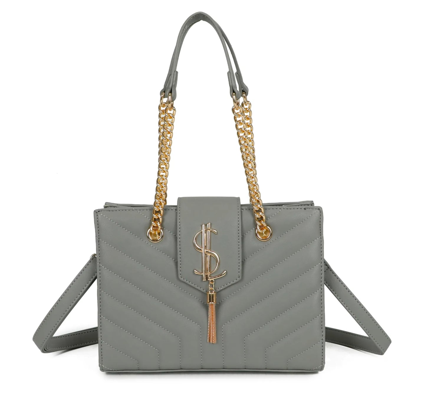A grey quilted shoulder bag with gold chain detail and a long adjustable removable crossbody strap