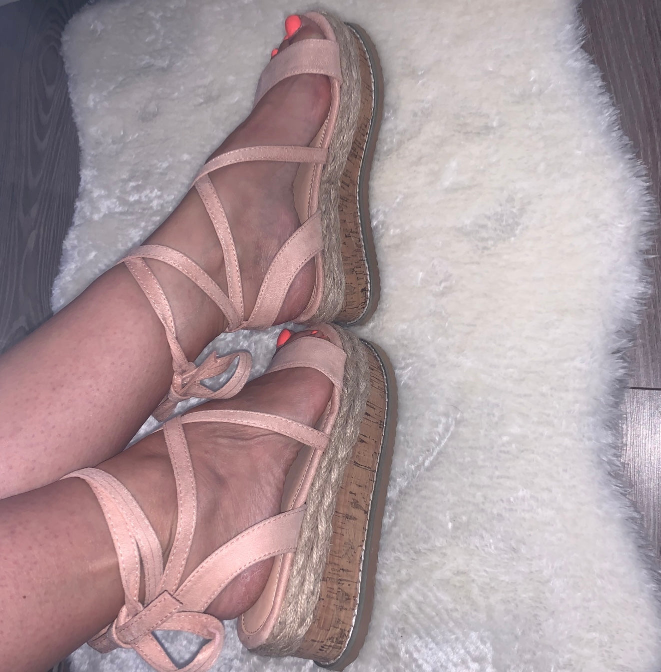 Pink wedge wrap around ankle sandals