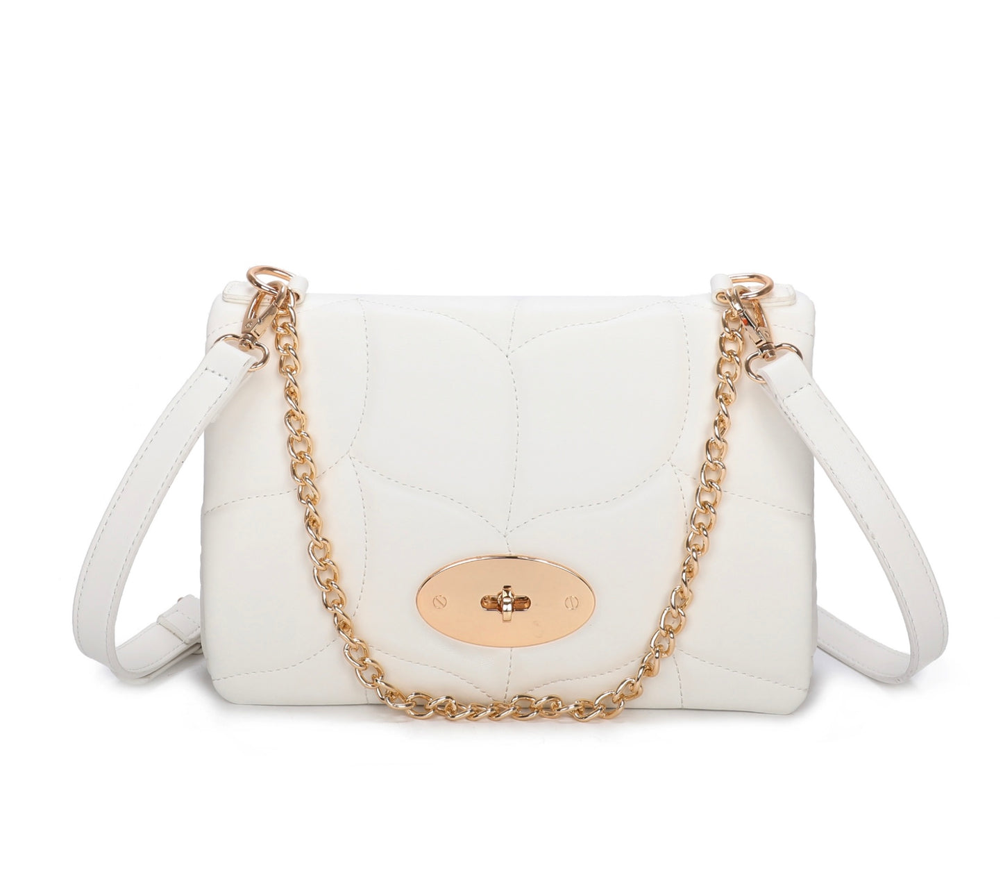 White quilted handbag with a gold chain strap
