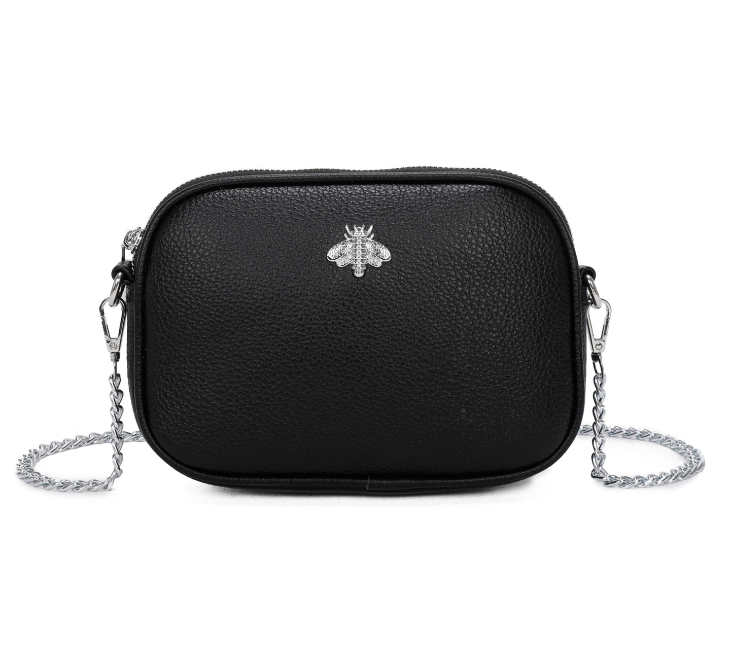 Black leather crossbody bag with a chain strap