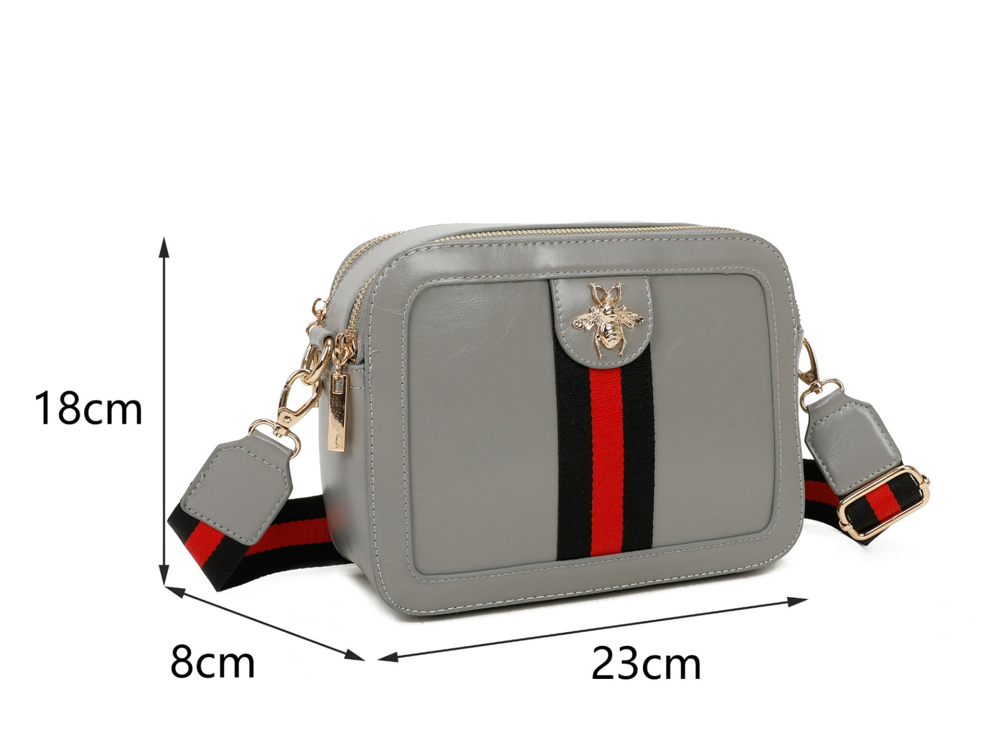 Gray crossbody bag with red and black stripe and measurements on a white background