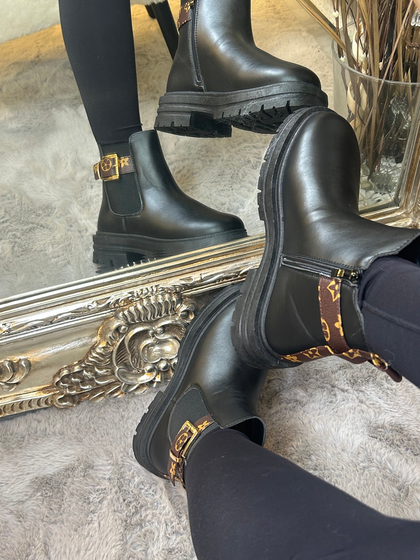 Black flower ankle boots