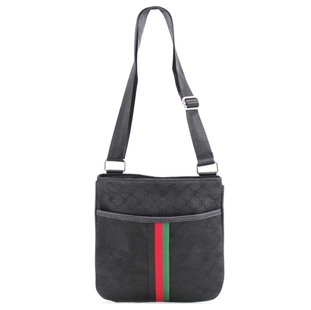 Black crossbody bag with a red and green stripe