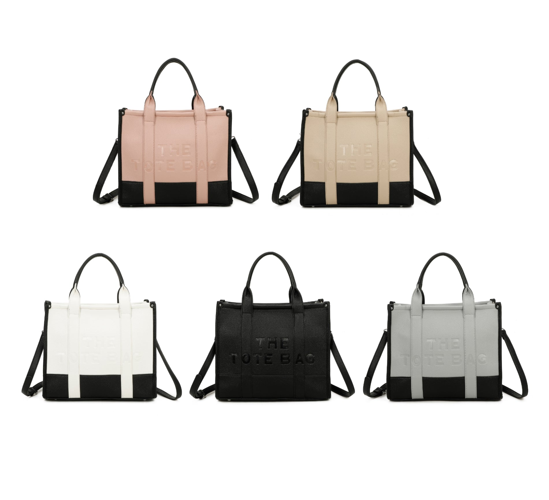 Five tote bags in different color combinations on a white background