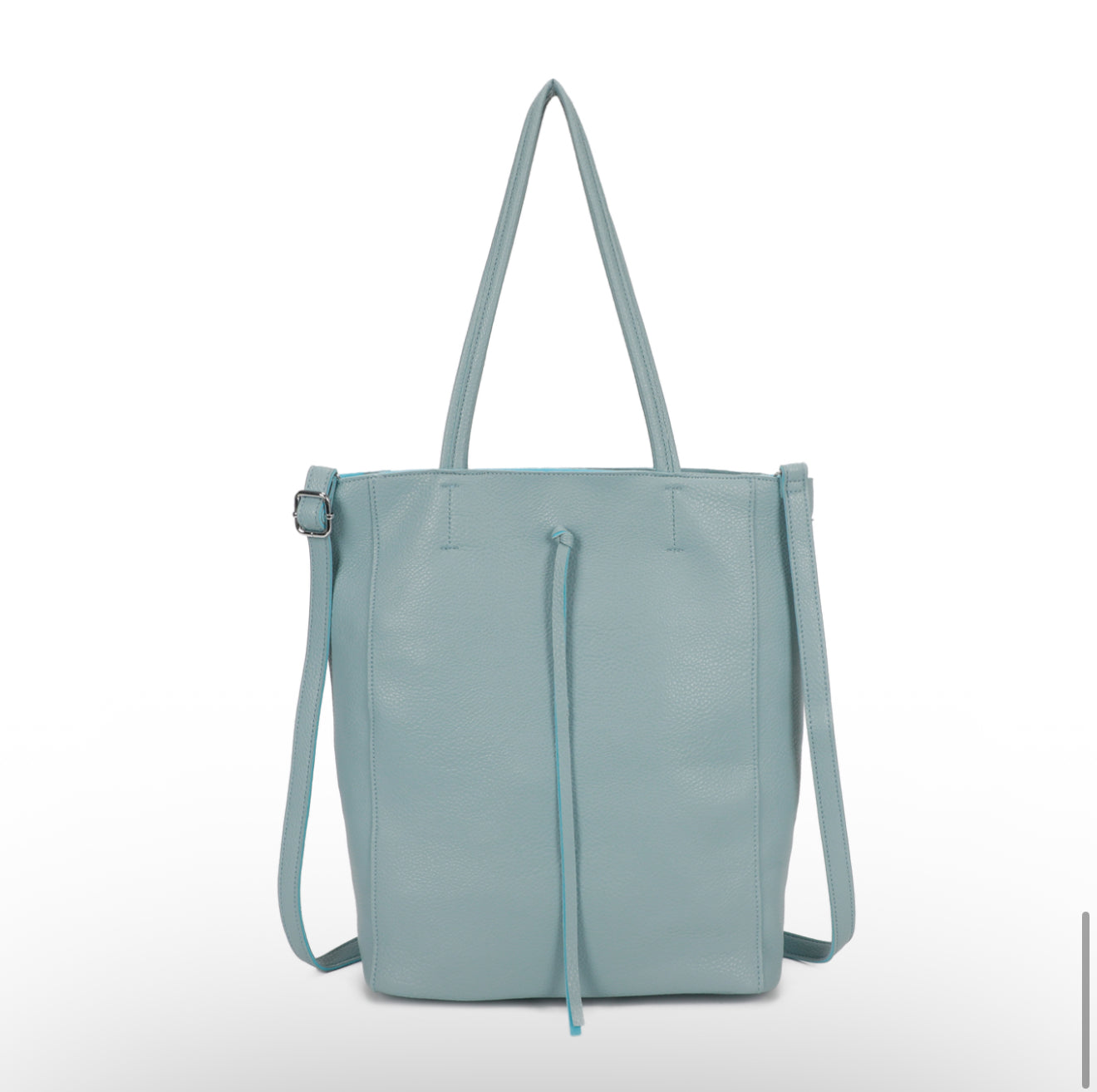 Light blue tote bag with drawstring on a white background