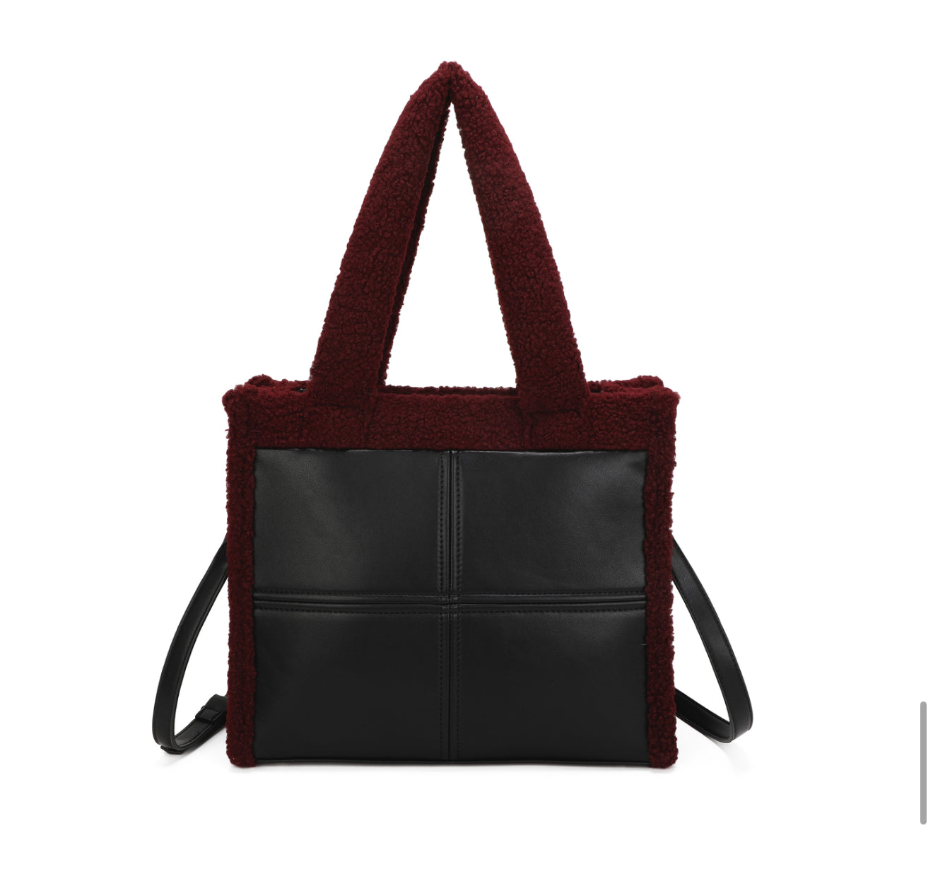 Black tote bag with burgundy textured fuzzy edging and a detachable adjustable long strap
